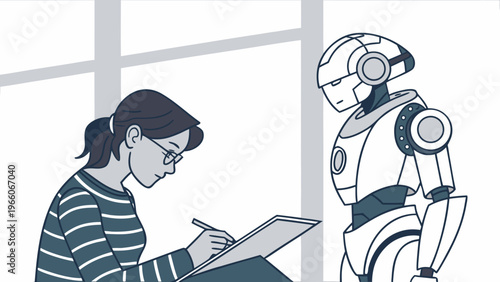 A woman and a robot interact in a modern setting with a window background