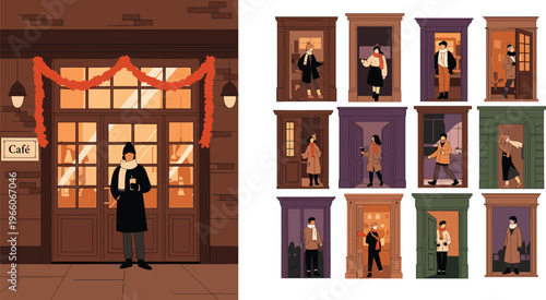 cozy cafe storefront illustration, people entering doors collection, urban lifestyle scene, winter fashion characters, coffee shop exterior, city street architecture design set