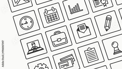 A collection of business and productivity icons in a flat, minimalist design style