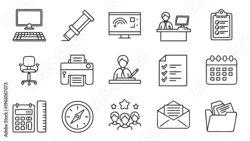 A set of office and business related vector icons in a minimal line art style
