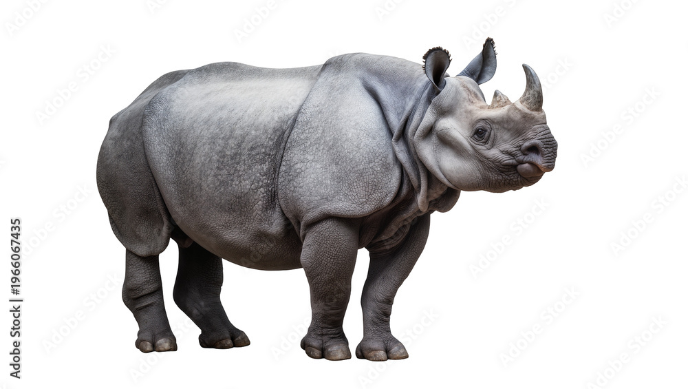 Obraz premium Powerful grey rhinoceros with prominent horn, isolated on transparent background