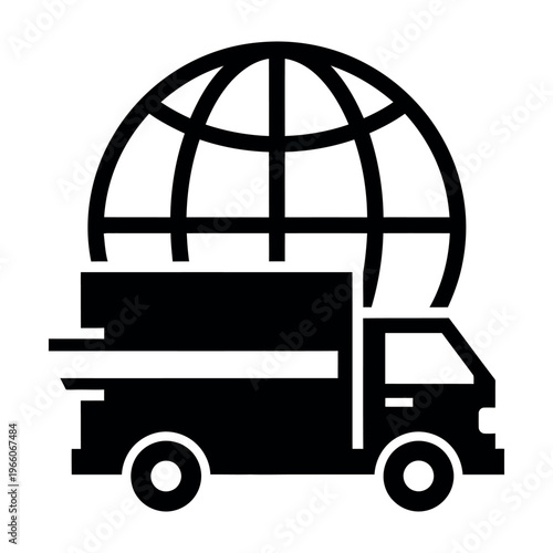 Global shipping and delivery truck icon representing worldwide logistics services.