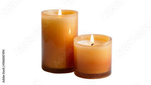 Burning orange candles in glass isolated on transparent background, for warm glow