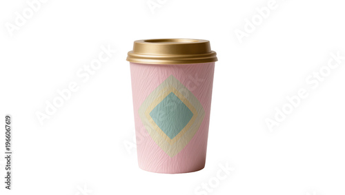 Textured pink disposable coffee cup with a shiny gold lid and central geometric diamond pattern, isolated on transparent background