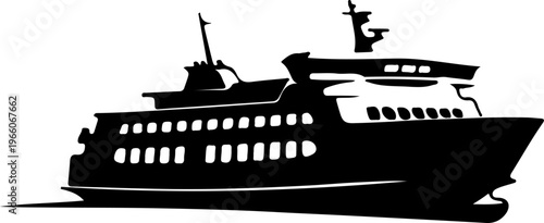 A stylized silhouette of a large passenger ferryboat navigating through the water