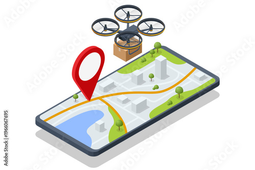 Isometric drone delivery over mobile map with parcel and location pin. Smart transport concept presents aerial courier service, route navigation, fast shipment, urban logistics and contactless dropoff