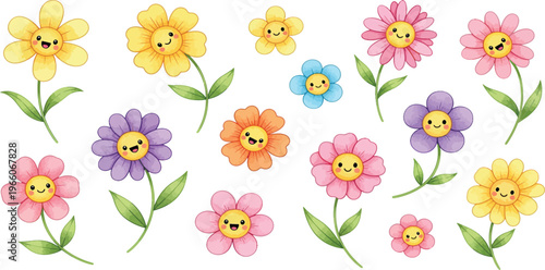 Colorful cartoon flowers with smiling faces and green leaves on white background