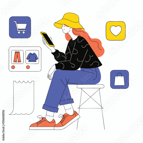 Modern Online Shopping Concept Illustration – Woman Using Smartphone for E-commerce, Mobile App, Digital Retail and Fashion Purchase Vector
