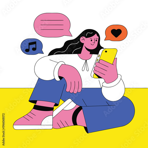 Modern Social Media Communication Concept – Woman Using Smartphone for Chat, Music and Online Interaction Flat Vector Illustration