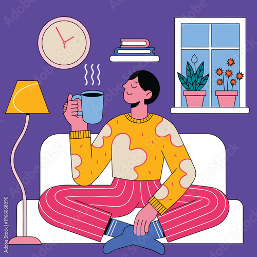 Self Care and Relaxation Concept – Woman Practicing Wellness and Mental Health at Home, Calm Lifestyle Flat Vector Illustration