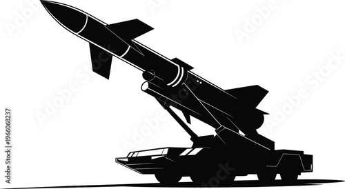 Silhouette of a modern missile launcher vehicle with a missile poised for launch, presented in stark black and white against a clean background, symbolizing defense and power