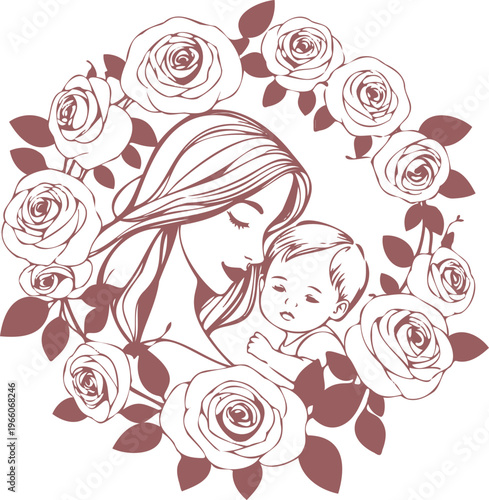 Romantic rose garden wreath with silhouette art