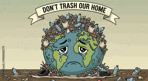 Global environmental pollution a crying Earth burdened by waste, urging a call to action to protect our planet and prevent further ecological damage, addressing a critical social issue