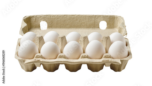 Ten fresh white eggs in an open paper carton, isolated on transparent background