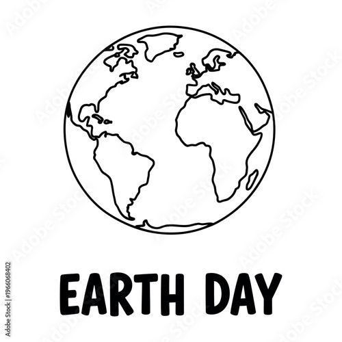 Simple black and white line art illustration of the Earth globe for Earth Day.