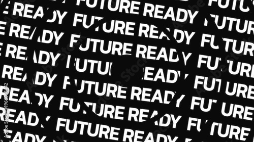 Rotating circular text animation displaying future ready phrase arranged in concentric motion with central empty space for overlay content.