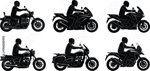 motorcycle rider silhouettes collection, sport bike cruiser touring styles, motorbike driving concept, biker lifestyle illustration, transportation design set, road adventure theme