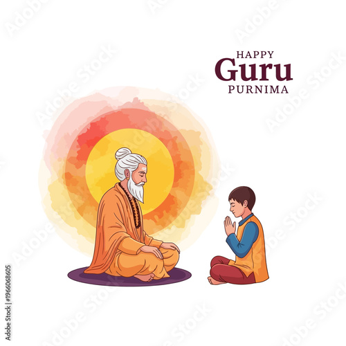 Guru Purnima: wise guru meditating, student praying, spiritual learning, respect, tradition