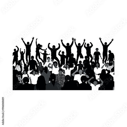 Silhouetted Crowd Celebrating with Raised Arms.