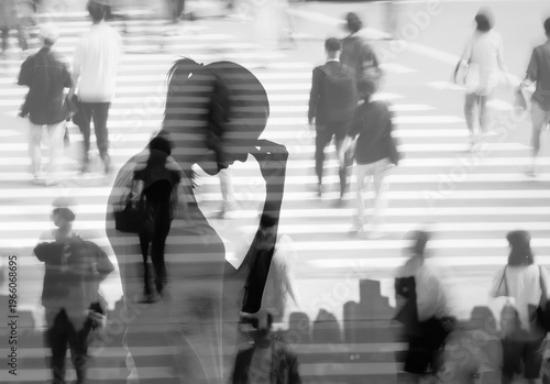 Depressed person walking alone in crowd city, loneliness and mental health concept	