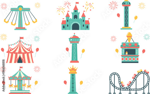 Amusement park vector illustration featuring rides, castle, circus tent, roller coaster, carousel, balloons, and fireworks
