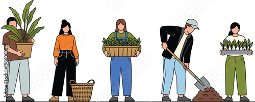 people gardening planting plants home garden lifestyle eco friendly urban farming illustration nature care hobby sustainable green environment