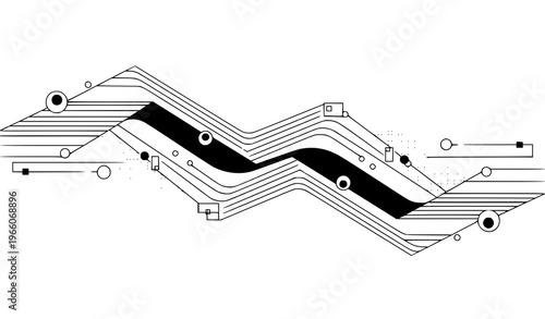 A black and white vector graphic illustration of a stylized winding road or pathway with multiple lanes and various design elements on a transparent background