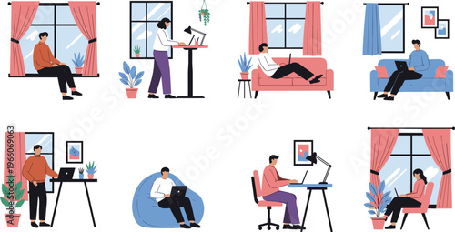 people working from home remote work lifestyle freelance workspace laptop home office productivity indoor modern illustration cozy environment digital nomad