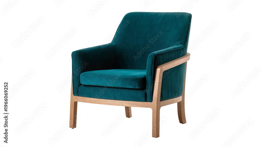 Fototapeta premium Teal velvet armchair with natural wood frame, isolated on transparent background
