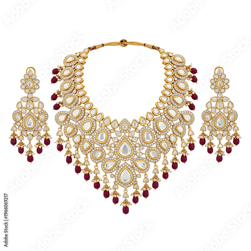 Exquisite Indian Gold Necklace and Earrings Set with Kundan and Ruby Gems