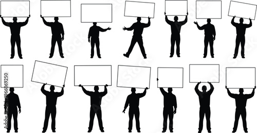 Protest people silhouettes holding blank signs, demonstration concept, activism, social movement, crowd expression, political rally, message boards, vector illustration isolated