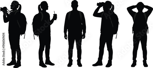 traveler silhouettes collection, backpacker exploring poses set, tourist with camera binoculars drink, outdoor adventure concept, travel lifestyle illustration, journey exploration design