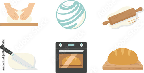 Cartoon bread making process in colorful vector illustration of kneading, rolling, baking, and finished loaf of bread