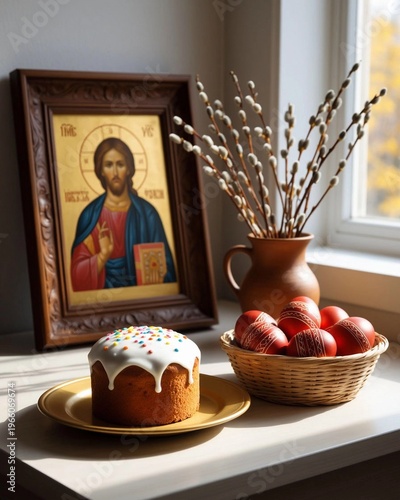 Warm and cozy Easter composition featuring a traditional glazed Easter cake (kulich), a basket of red decorated eggs, and willow branches in a rustic clay jug. In the background, a religious icon adds