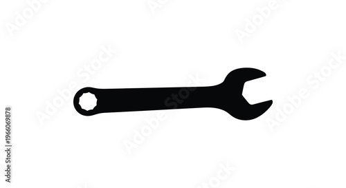 A stark black silhouette of an adjustable wrench against a white background representing tools and mechanical repair silhouette high quality professional