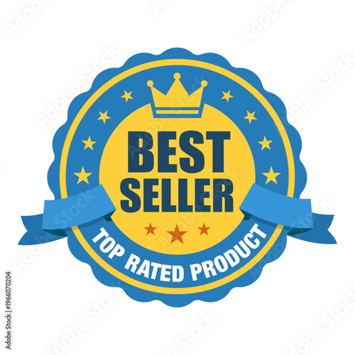 Yellow and blue scalloped circular e-commerce promotional badge featuring a top crown icon, stars, and a blue ribbon with text reading BEST SELLER and TOP RATED PRODUCT for online retail stores.