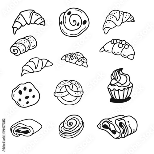 Cute desserts and bakery doodle line art vector. Hand-drawn sweet pastry illustration for stickers, menus, cards, and cozy cafe designs.