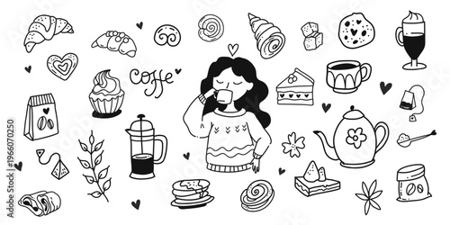 Cute coffee and dessert doodle line art vector. Hand-drawn cozy cafe illustration for stickers, menus, cards, and sweet bakery designs.