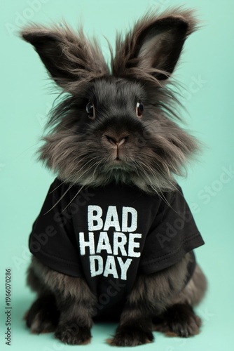 funny rabbit wearing a bad hare day shirt against a mint background in a playful pet portrait.