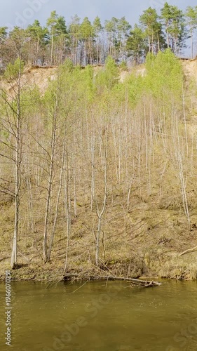 Puckoriu outcrop in Vilnius, sandy cliff covered with trees above river, scenic natural landscape, forested bluff, outdoor nature view, serene riverside scene. 4K vertical video footage