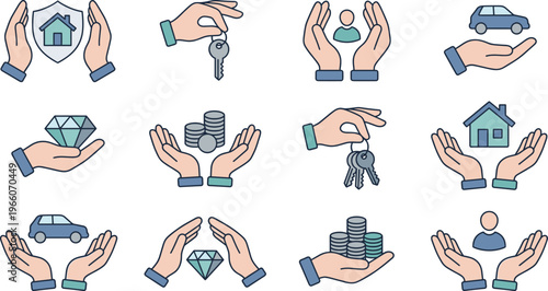 Asset and Property Protection Icon Set with Hands Holding Home, Car, Key, Money, Diamond, and Personal Care Vector Collection