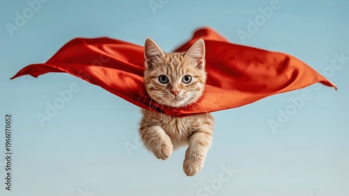cute kitten wearing a red cape flying against a blue background in a playful superhero pet portrait.