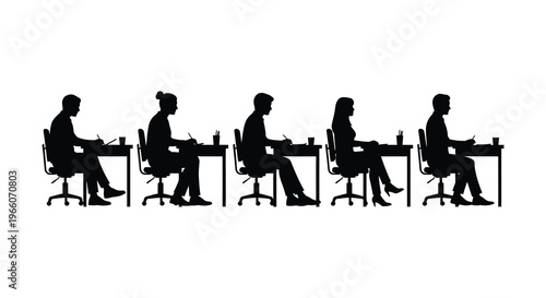 A row of five individuals seated at desks appearing to work presented as a striking silhouette high quality professional detailed modern