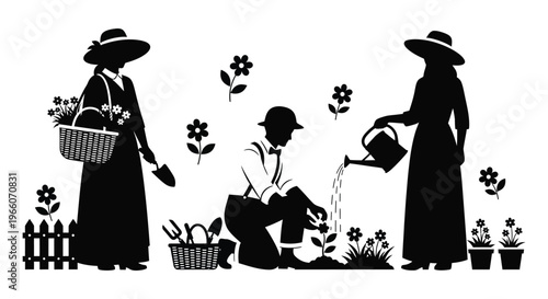 A vintage scene depicts three people gardening with tools and flowers presented in a striking silhouette high quality professional detailed modern