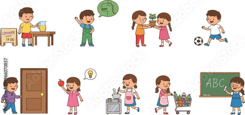 Cartoon children vector illustration showing everyday activities including lemonade stand, talking, sharing, soccer, cooking, shopping, and learning