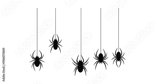 Several black spiders descend on thin lines against a bright white background creating a spooky halloween silhouette high quality professional detailed