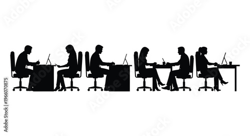 A row of individuals working on laptops at desks depicted in a stark black silhouette high quality professional detailed modern elegant