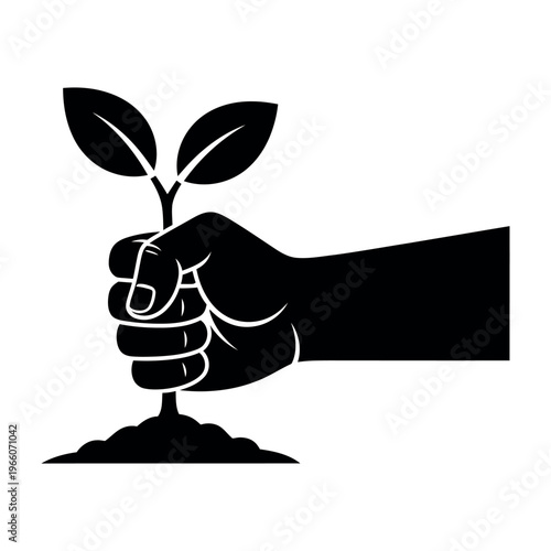 Black and white vector illustration of a hand holding a small plant seedling.