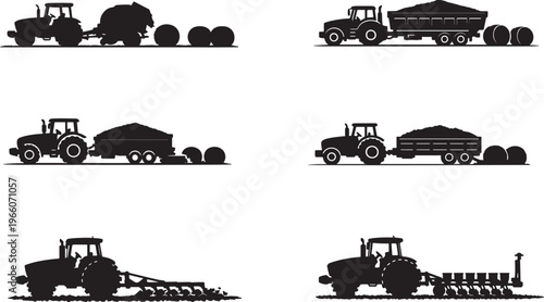 Tractor and trailer silhouettes for farming operations: hay bales, trailers, and plows, farm equipment