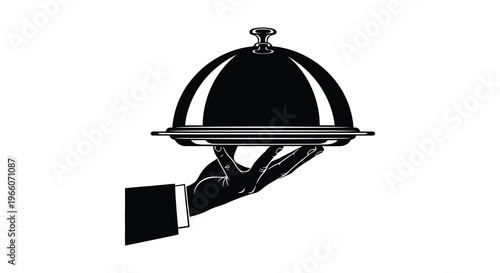 A striking black silhouette depicts a hand presenting a covered serving dish on a silver platter silhouette high quality professional detailed